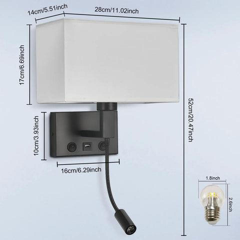 Hardwired Black Wall Sconce With USB Port And Reading Lamp, Linen Fabric Shade, dimensions shown beside LED bulb