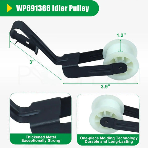 WP691366 Idler Pulley, 3" steel and plastic, durable with thickened metal, part for dryers to enhance performance.