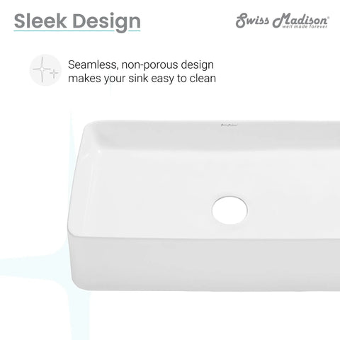 24 Inch Rectangle Ceramic Vessel Sink for Above Counter Install, Slick Modern Look, Scratch Resistant Non Porous Ceramic