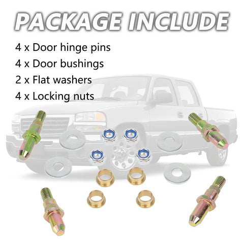 Door Hinge Pin And Bushing Repair Kit For Chevy GMC Trucks And SUVs 1999 2007 includes pins, bushings, washers, and nuts.