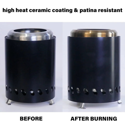 Smokeless Tabletop Fire Pit For Outdoor Use Portable Mini Stove With Carry Bag Fueled By Pellets Or Wood Stainless Steel Black before and after burning comparison