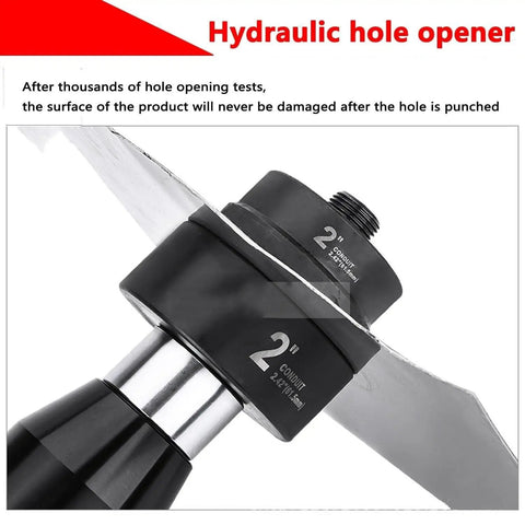 Close-up of Metal Sheet Puncher Hydraulic Knockout Hole Punch Driver Kit with 2-inch conduit cutter and heavy-duty design.