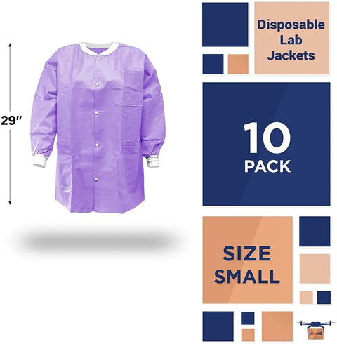 Purple Medium Disposable Lab Jackets Crafted In Lightweight SMS 50 GSM 30 Inch Hip Length With Snap Front Knit Cuffs And Collar