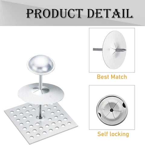 Top Shelf Insulation Pins With Self Locking Washers And Aluminum Dome Caps For Foam Board Wall Ceiling, detail of galvanized pin and washers.