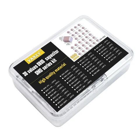 Bulk 600 Piece 30 Value 0805 SMD Capacitor Kit With 1pF To 10uF Range in a labeled transparent storage box