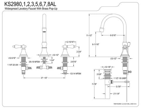 Technical diagram of Governor Widespread Lavatory Faucet With Brass Pop Up And Metal Lever Handle In Brushed Nickel 8 Inch Spread