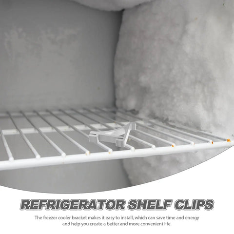 10 Pack Freezer Clamp Hooks Silver Aluminum Cooler Shelf Clips with polished surface on a refrigerator wire shelf