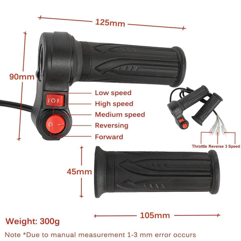 Dimensions and features of 300g throttle twist grip with speed control buttons for Powerful 3000W 72V Brushless DC Motor Kit.