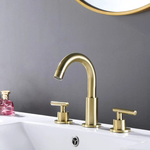 Brushed Gold Widespread Bathroom Faucet For 8 Inch Sinks Brass Deck Mounted Tap 3 Hole 2 Handle 360 Degree Swivel Spout