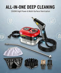 Heavy Duty Handheld Steam Cleaner With A Massive 2500W Output For Fast Heating Up To 105C, red body, cleaning accessories included.