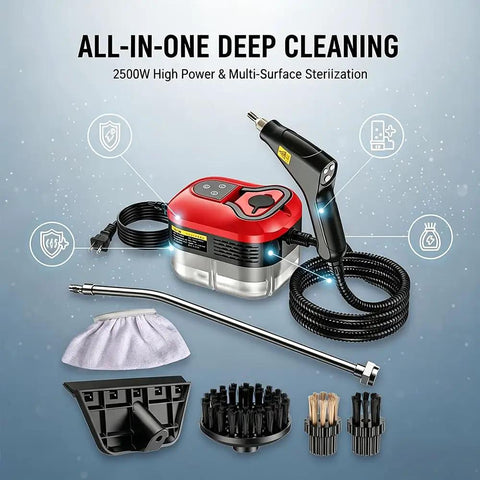 Heavy Duty Handheld Steam Cleaner With A Massive 2500W Output For Fast Heating Up To 105C, red body, cleaning accessories included.
