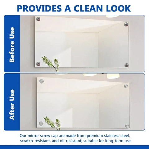 Before and after image of mirror with Stainless Steel Screw Cover Caps Set 24 Pieces 0.63 Inch Diameter 16mm Mirror Screw Caps