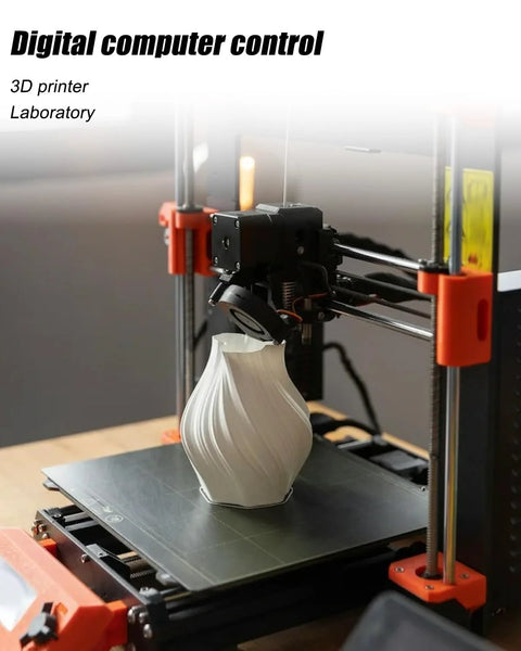 Front view of a desktop 3D printer extruder printing a white vase on the print bed.