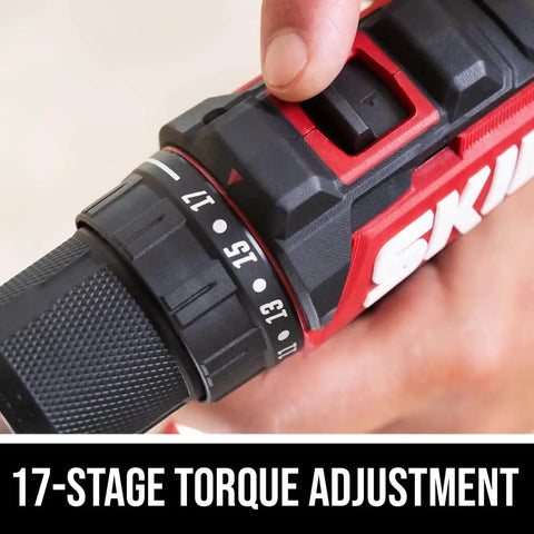 Close-up of Power Core 20 Brushless Cordless Drill Driver Kit With Half Inch Single Sleeve Keyless Ratcheting Chuck and 17-stage torque adjustment.