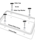 Diagram showing assembly of Heavy Duty Zinc Alloy License Plate Frame With Four Mounting Holes, Rust Proof And Unbreakable, Two Tone Chrome Finish With Recessed Epoxy Inlay, Includes Mounting Hardware Kit And Screw Caps, Black Red.