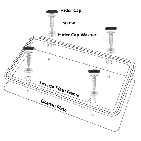 Diagram showing assembly of Heavy Duty Zinc Alloy License Plate Frame With Four Mounting Holes, Rust Proof And Unbreakable, Two Tone Chrome Finish With Recessed Epoxy Inlay, Includes Mounting Hardware Kit And Screw Caps, Black Red.