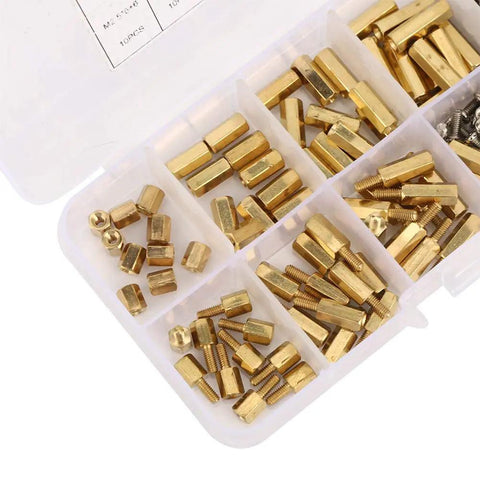 Brass Spacer Kit For Electronics And 3D Printer Mounts, 180-Piece M2.5 Hardware Set With 10 Female-Female Spacers, 10 Male-Female Pillars, 50 Screws, 50 Nuts, Oxidation-Deterrent Brass For Precise Component Spacing And Do It Yourself Builds. Assorted brass spacers in storage box