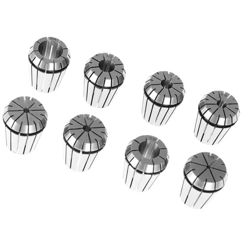 Get Serious About Precision With This Sweet 8 Piece ER32 Spring Collet Set Ranging From One Eighth Inch All The Way Up To Three Quarters For Your CNC Milling Lathes And Engraving Projects That Need Killer Grip And Zero Vibes. Image shows eight precision ER32 collets in various sizes from 1/8 to 3/4 inch.