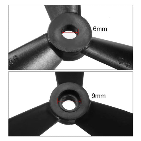 Close-up of adapter ring sizes for 3 Vane Nylon RC Propellers 8 By 4.5 Inch With Adapter Rings For Quadcopters And Multi Rotor Aircraft Black 1 Pair Includes CW And CCW Props And Two Hole Adapters Durable And Ready To Fly