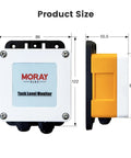 Smart WiFi Water Level Sensor For Tanks With Tuya App Ultrasonic Remote Monitoring IP67 Waterproof 5m Sensing Range Submersible Liquid Level Gauge Auto Alarm Supports Up To 10 Sensors For Smart Home, shown front and side view with dimensions.