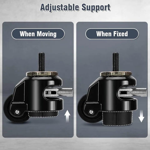 Heavy Duty Leveling Stem Casters Set Of Four Retractable Furniture Wheels Black Thread Base Mover For Machines Shelves And Workshop Equipment showing adjustable support in moving and fixed positions.