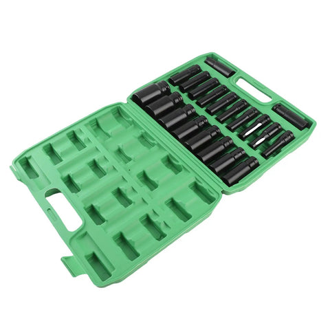 Top Tier Rustproof Electric Hex Key Socket Kit With Drill Adapter For Heavy Duty Jobs Made From Chrome Vanadium Steel Includes Wide Size Range To Power Through Any Tough Bolt Or Nut On Site Today. 20-piece black socket set in green case