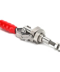 Stainless Steel Toggle Clamp With 220.5Lb Holding Power, Push Pull Clamp For Woodworking, Fixture Setup, Home Decor Projects, And Equipment Installations, Heavy Duty Grip, Arrow Storage Case Included. Stainless steel toggle clamp with red handle and threaded bolt.
