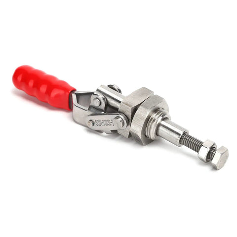 Stainless Steel Toggle Clamp With 220.5Lb Holding Power, Push Pull Clamp For Woodworking, Fixture Setup, Home Decor Projects, And Equipment Installations, Heavy Duty Grip, Arrow Storage Case Included. Stainless steel toggle clamp with red handle and threaded bolt.