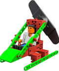 80 Piece Solar Construction Kit Lets Kids Build A Helicopter Air Boat Or Fan With A Solar Rotor Powering The Propeller While Teaching Renewable Energy In A Fun STEM Hands On Way. assembled toy helicopter model with black propeller, green arms, and red plastic parts