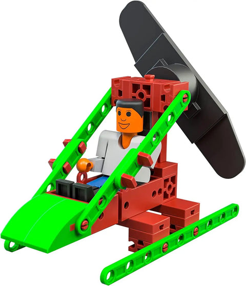80 Piece Solar Construction Kit Lets Kids Build A Helicopter Air Boat Or Fan With A Solar Rotor Powering The Propeller While Teaching Renewable Energy In A Fun STEM Hands On Way. assembled toy helicopter model with black propeller, green arms, and red plastic parts