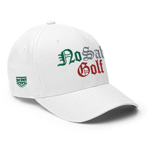 Mexico Inspired White Fun Golf Hat For Men And Women No Sabo Golf Style Cap with text 'No Sabo Golf' embroidered on front