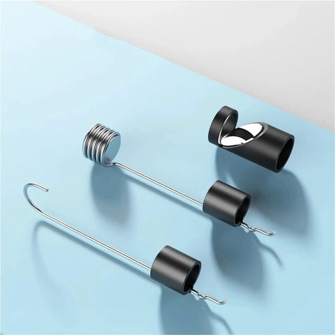 Accessories for Straight Up Crisp 960P Industrial Endoscope Camera; includes hook, magnet, and attachment tools on blue background.
