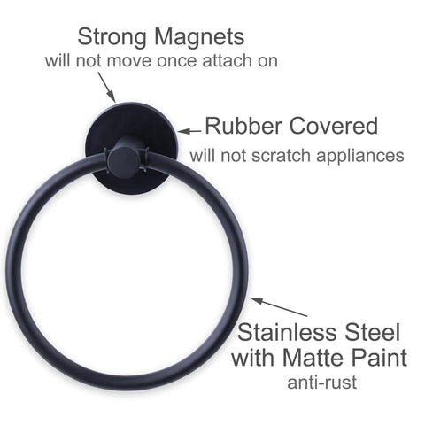 Magnetic Towel Ring Holder For Fridge And Kitchen Heavy Duty Magnetic Rack, showing black finish and rubber-covered base.