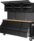 72 Inch Rolling Tool Chest With 3 Upper Cabinets And 15 Drawers, Pegboard, Large Mobile Toolbox On Wheels For Garage Workshop Warehouse Basement And Home Pantry, Beefy Steel Build With Thick Rubberwood Work Bench Surface
