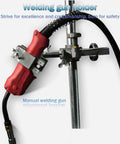 Welding gun holder featuring a manual adjustment bracket and red handle for welding tasks. Rock Solid 10kg Rotary Welding Positioner Turntable Boasting Smooth Stepless Speed Control And Ironclad Zero To Ninety Degree Lock For Precision Cutting Grinding And Heavy Duty Seam Welding Jobs.