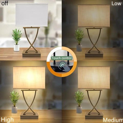 3-Way Dimmable Touch Table Lamp With USB C Port And AC Outlet showing off, low, medium, high settings, white shade, 21.38 inch tall