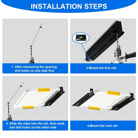 Installation steps for Overhead Garage Storage Rack With 17 Inch Black Rails Heavy Duty Ceiling Mount Bin Holder.