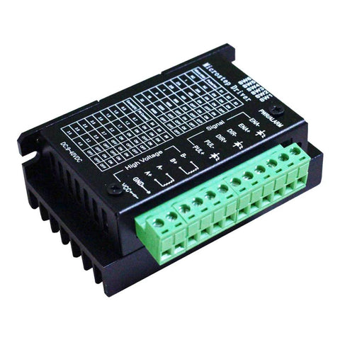 TB6600 stepper motor driver module in black housing with green terminal block, front view.