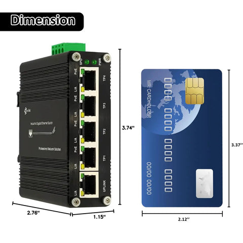 Industrial 5 Port Passive PoE Switch with credit card size comparison