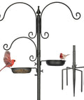 Ultimate Outdoor Bird Feeding Station Kit With 85 Inch Pole And 5 Prong Base Sturdy Hangable Feeder Stand, black with birds feeding.
