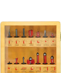 Level Up Your Woodworking Game With This Badass 26 Piece Artisan Router Bit Set Designed For 1/4 Inch Collets Packed With Heavy Duty Straight Profile And Grooving Bits, displayed in a wooden storage tray.