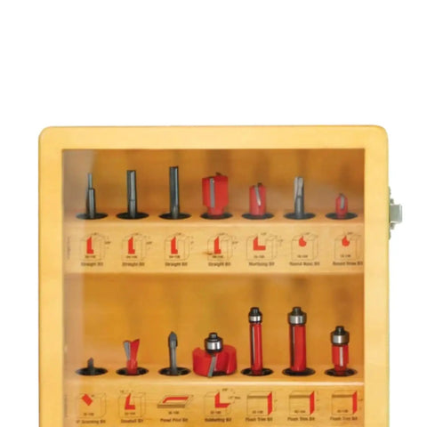 Level Up Your Woodworking Game With This Badass 26 Piece Artisan Router Bit Set Designed For 1/4 Inch Collets Packed With Heavy Duty Straight Profile And Grooving Bits, displayed in a wooden storage tray.