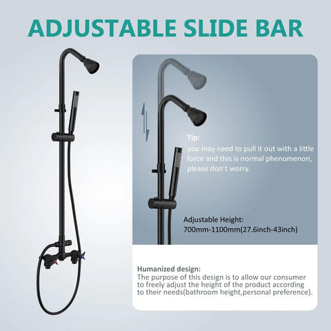 Wall Mount Outdoor Shower Kit With Handheld Spray Rugged Brass And Stainless Steel Fixtures In Matte Black shown with adjustable slide bar.
