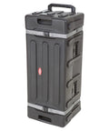 Road Ready Drum Hardware Case With Wheels And Telescoping Handle Featuring Hella Durable Roto Molded Polyethylene Construction secure for stands.