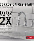 Chrome faucet with running water on marble counter, corrosion resistant, tested 2x industry standard, Delta logo