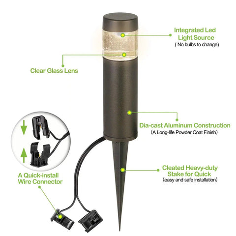 Diagram of Dope Low Voltage Landscape Lights 3W 120LM LED Round Bollard Light with features labeled, including aluminum construction.