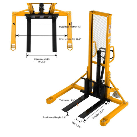 Industrial Grade 1100 Lb Hand Pallet Stacker With Adjustable Straddle Legs And A Sixty Three Inch Max Lift Height Built On A Tough Welded Steel Frame Equipped With A Wire Safety Guard For Zero Sweat Warehouse Jobs That Really Are A Badass Workhorse