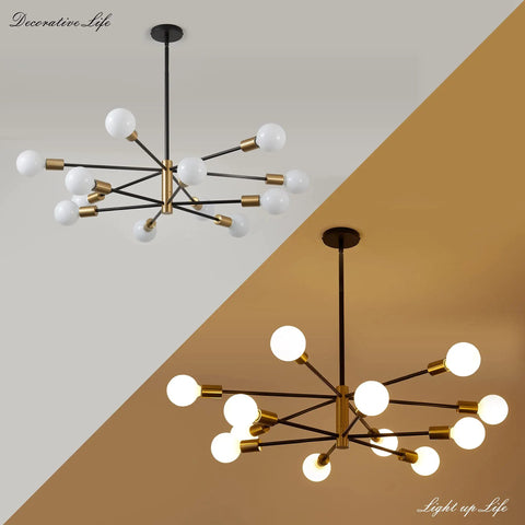 Modern 12 Light Sputnik Chandelier in Black and Gold for Dining Room Over Table, Mid Century Style Vibe, side view of fixture