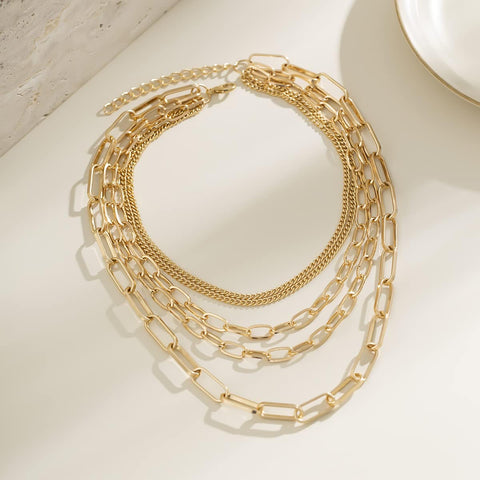 Layered Five Layer Gold Plated And Silver Tone Paperclip Chain Necklace Set For Women 18 Inch With Extension Rope And Ball Chains Punk Style Dope Choker Jewelry displayed on white surface