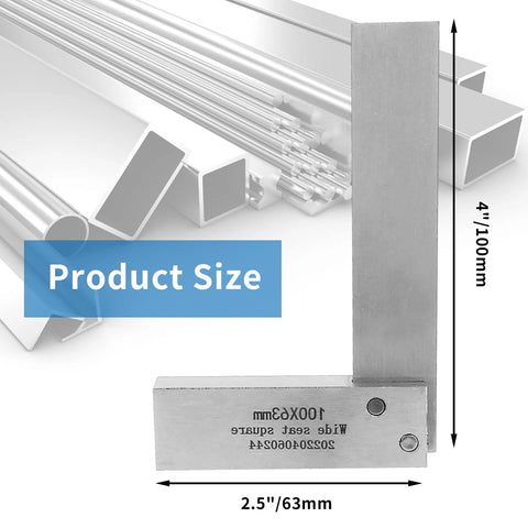 Machinist square, 4 in × 2.5 in (100 × 63 mm), mechanical steel L-shaped right-angle woodworking tool (front view)